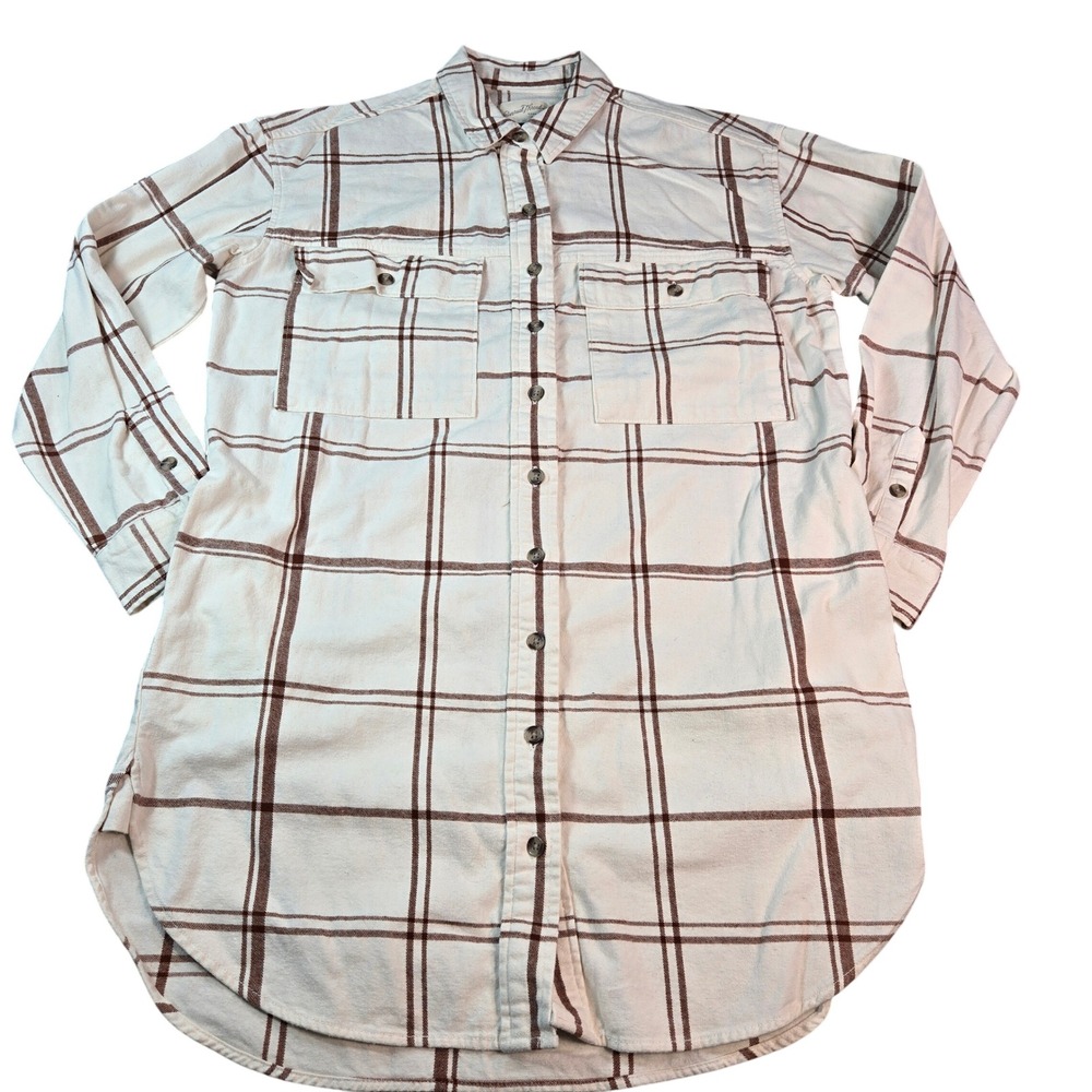 Universal Thread Women's Plaid Flannel Shirt Tunic Cream Brown Pockets Medium
